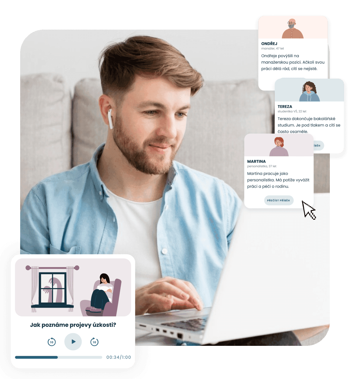 Muž na počítači s elementy z platformy