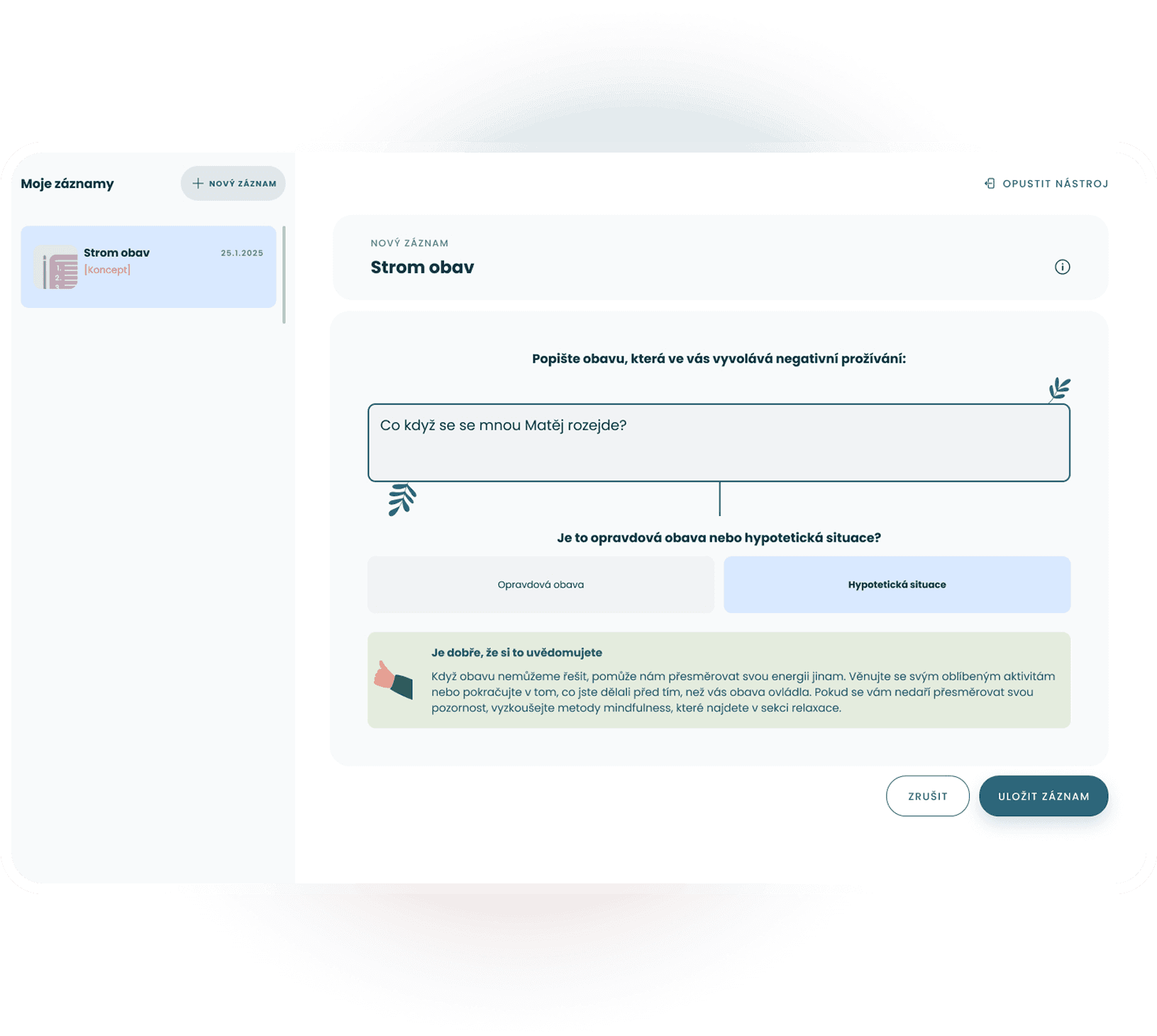 Snímek obrazovky s terapeutickým nástrojem