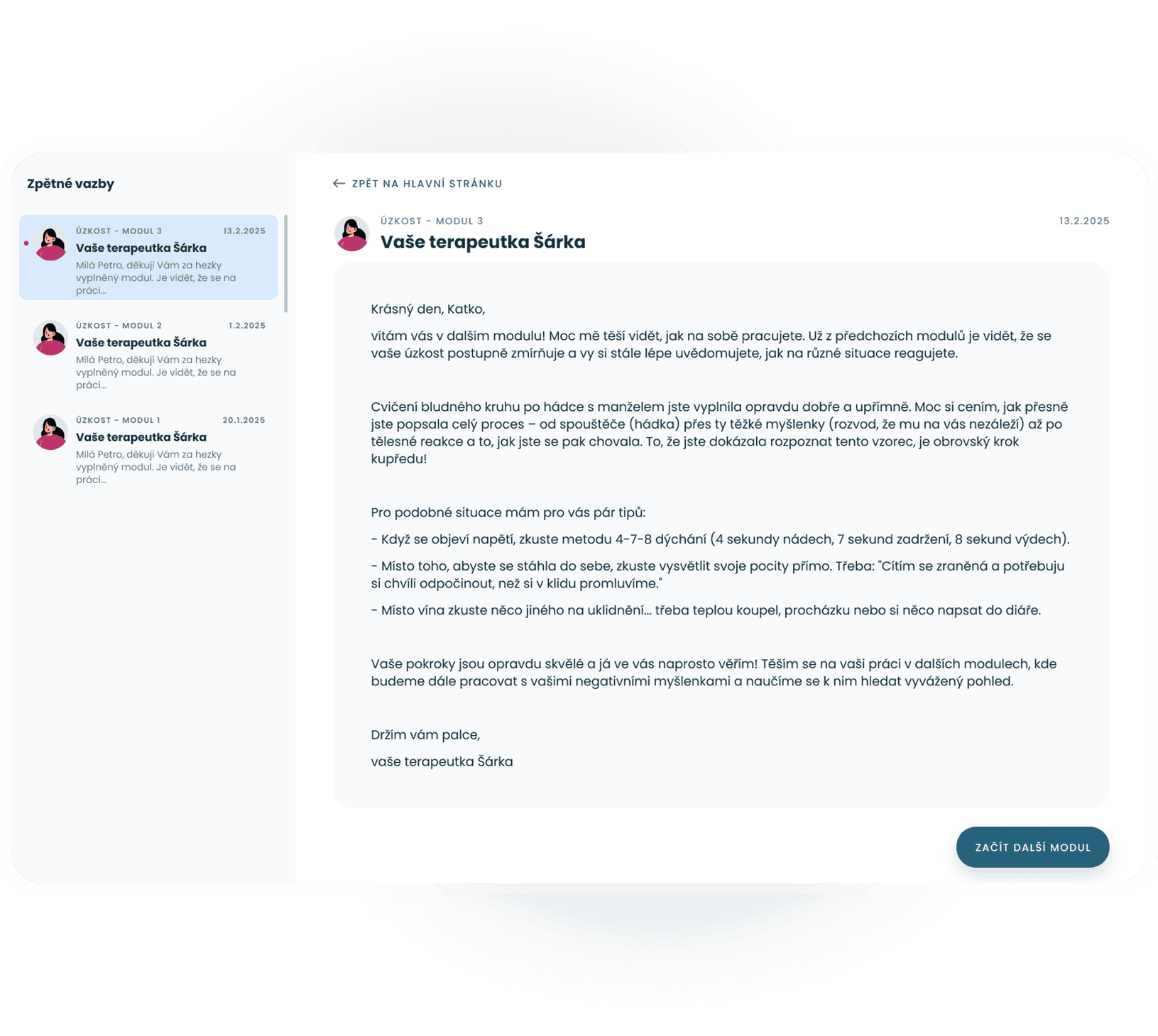 Snímek obrazovky se zpětnou vazbou terapeuta